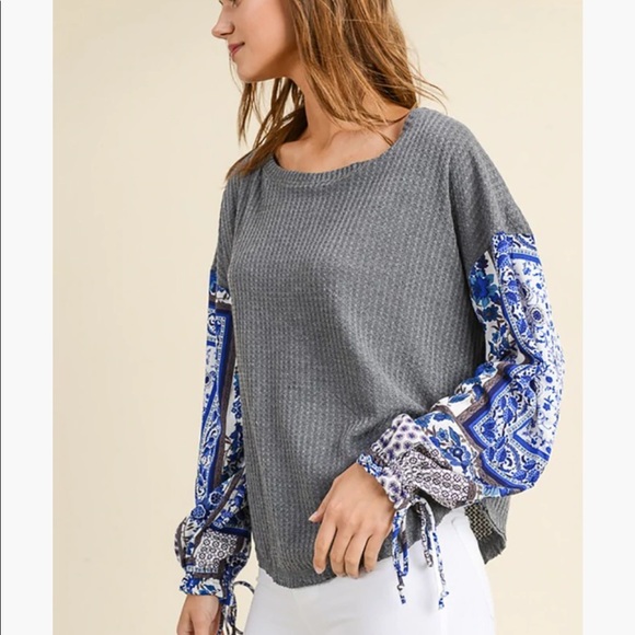 In Loom Waffle Knit Thermal Mix Print Contrast Long Sleeves Top Blouse Size L - Picture 2 of 11